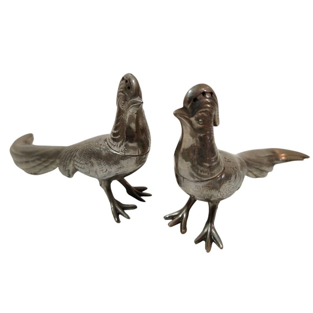 Vintage Metal Silver Tone Pheasant Salt & Pepper Shakers Large 6"